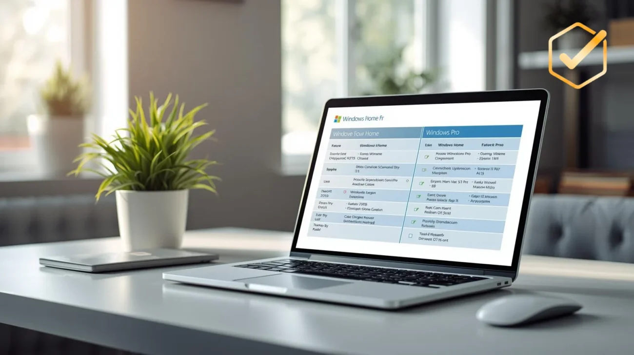 Laptop screen comparing Windows Home and Windows Pro features in a clear chart for easy decision making