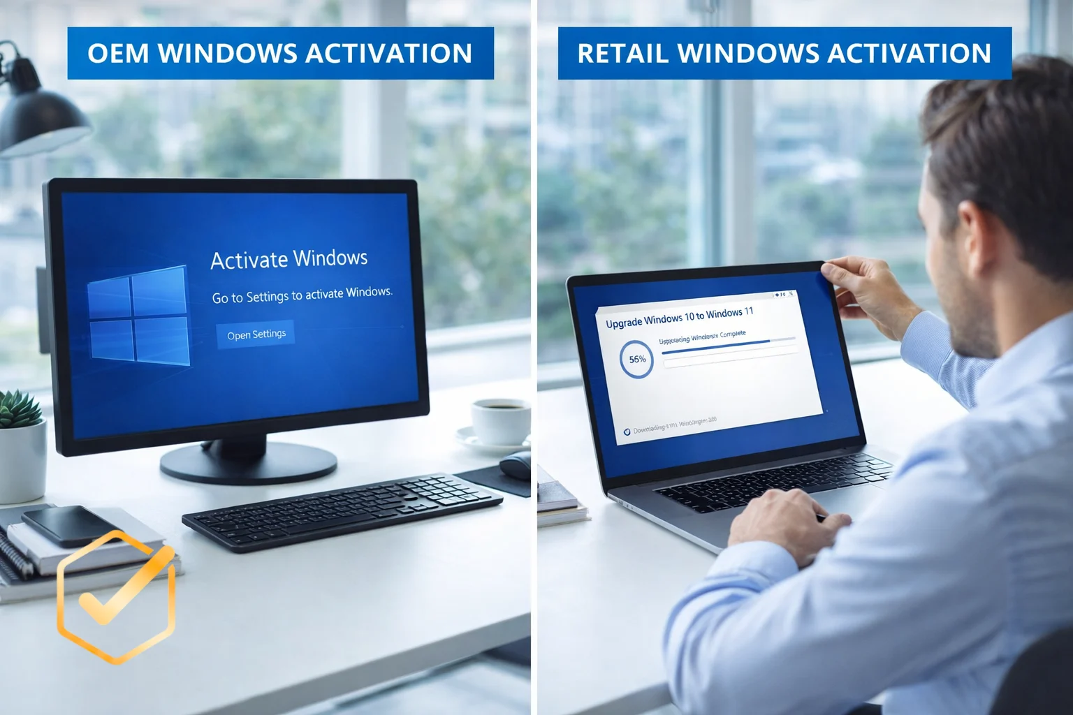 Comparison of OEM vs Retail Windows key activation on laptop